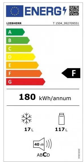Хладилник с една врата Liebherr T 1504, 134 Л, Клас F, Фронтална вентилация, Бял