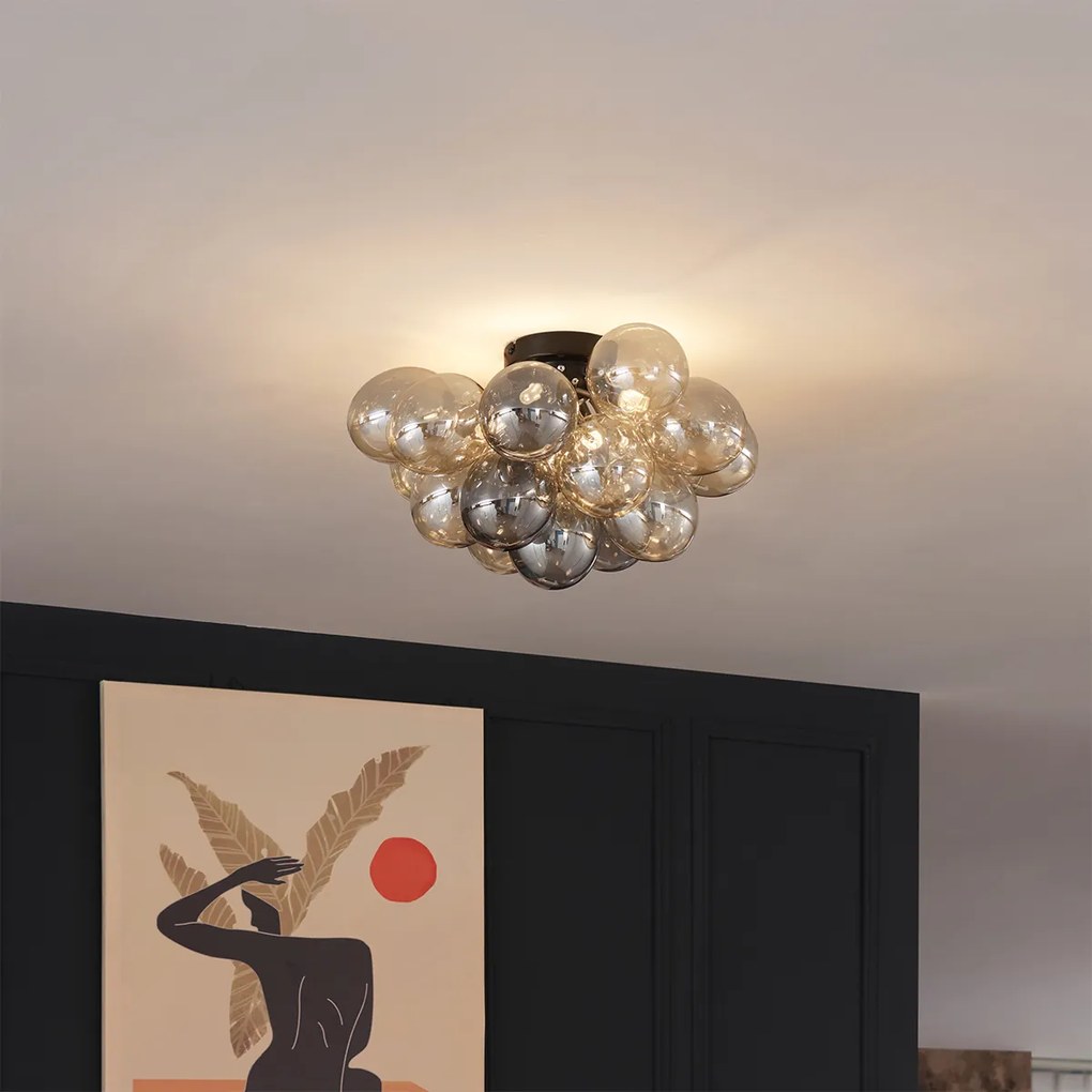 Дизайнерско таванно осветление черно с кехлибарено и опушено стъкло 4-светлинно - Uvas