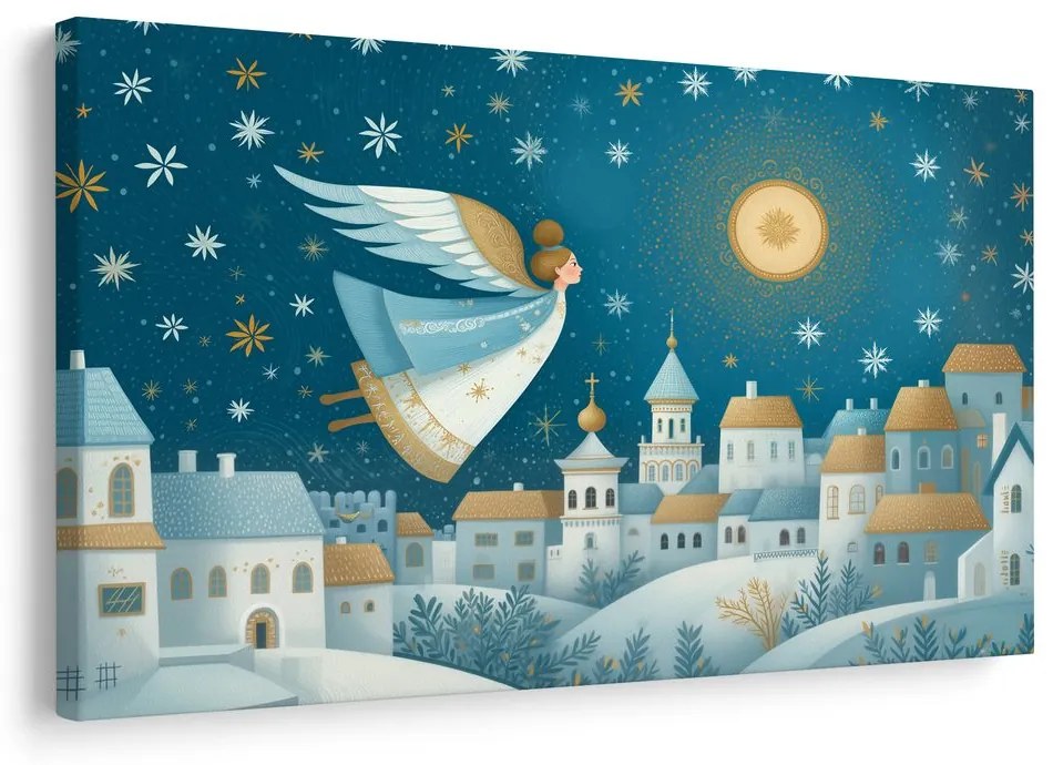 Картина на платно Коледна – Ангел над зимното село