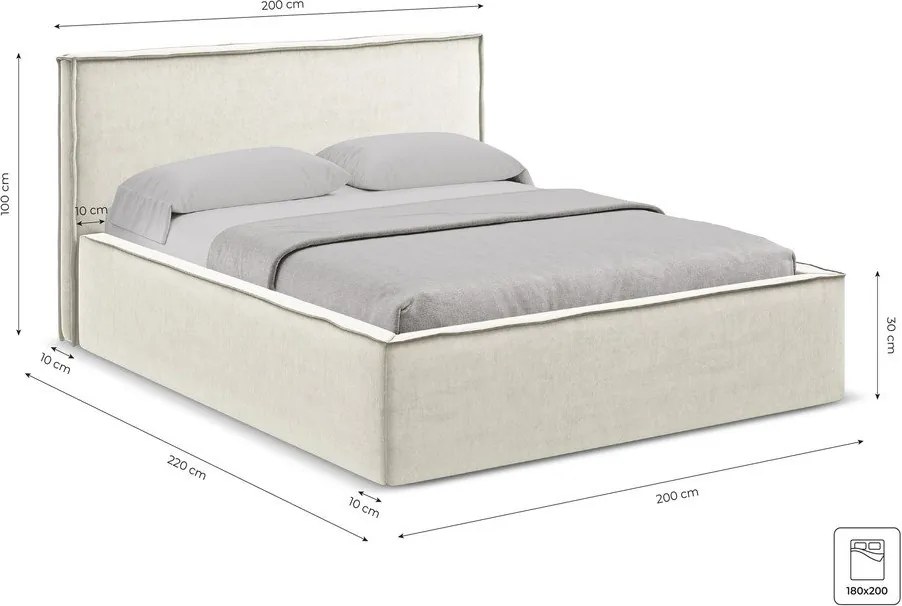 Светлосиво двойно тапицирано легло с място за съхранение и включена подматрачна рамка 180x200 cm Anani – Makamii