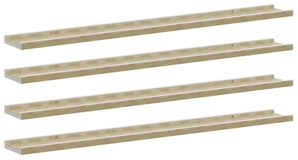 326697 vidaXL Стенни рафтове, 4 бр, бяло и сонома дъб, 100x9x3 см