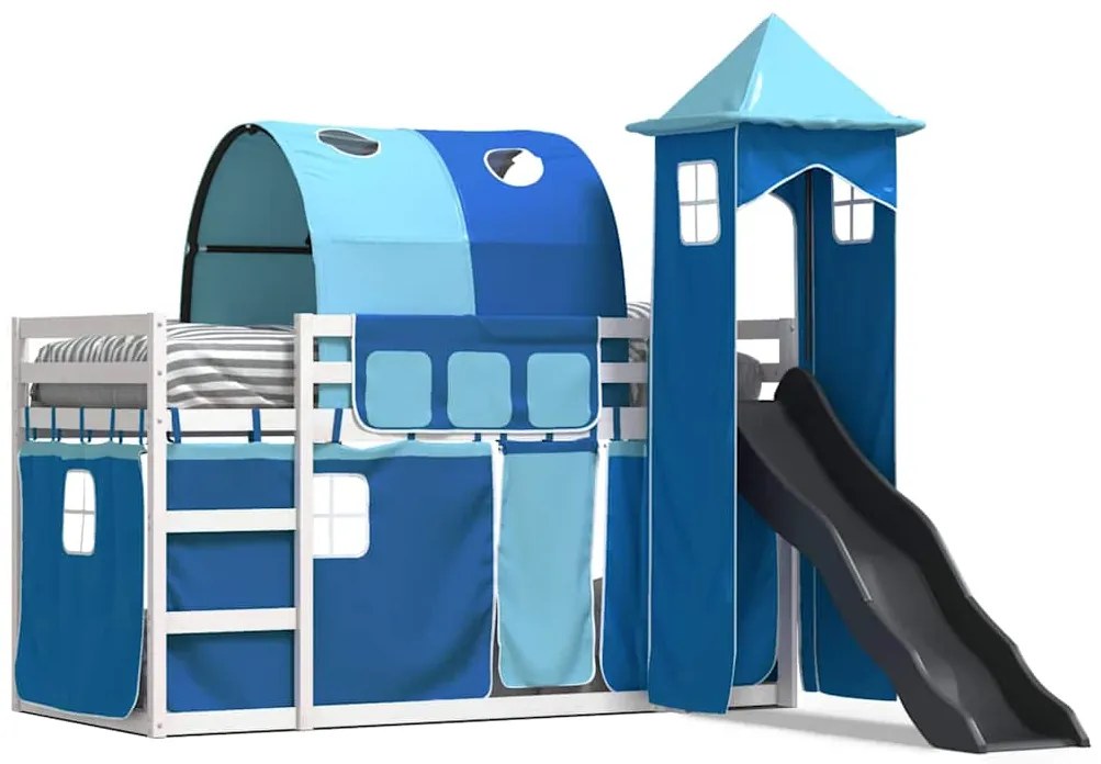 3284174 vidaXL Двуетажно легло с пързалка и завеси, синьо, 80x200 см