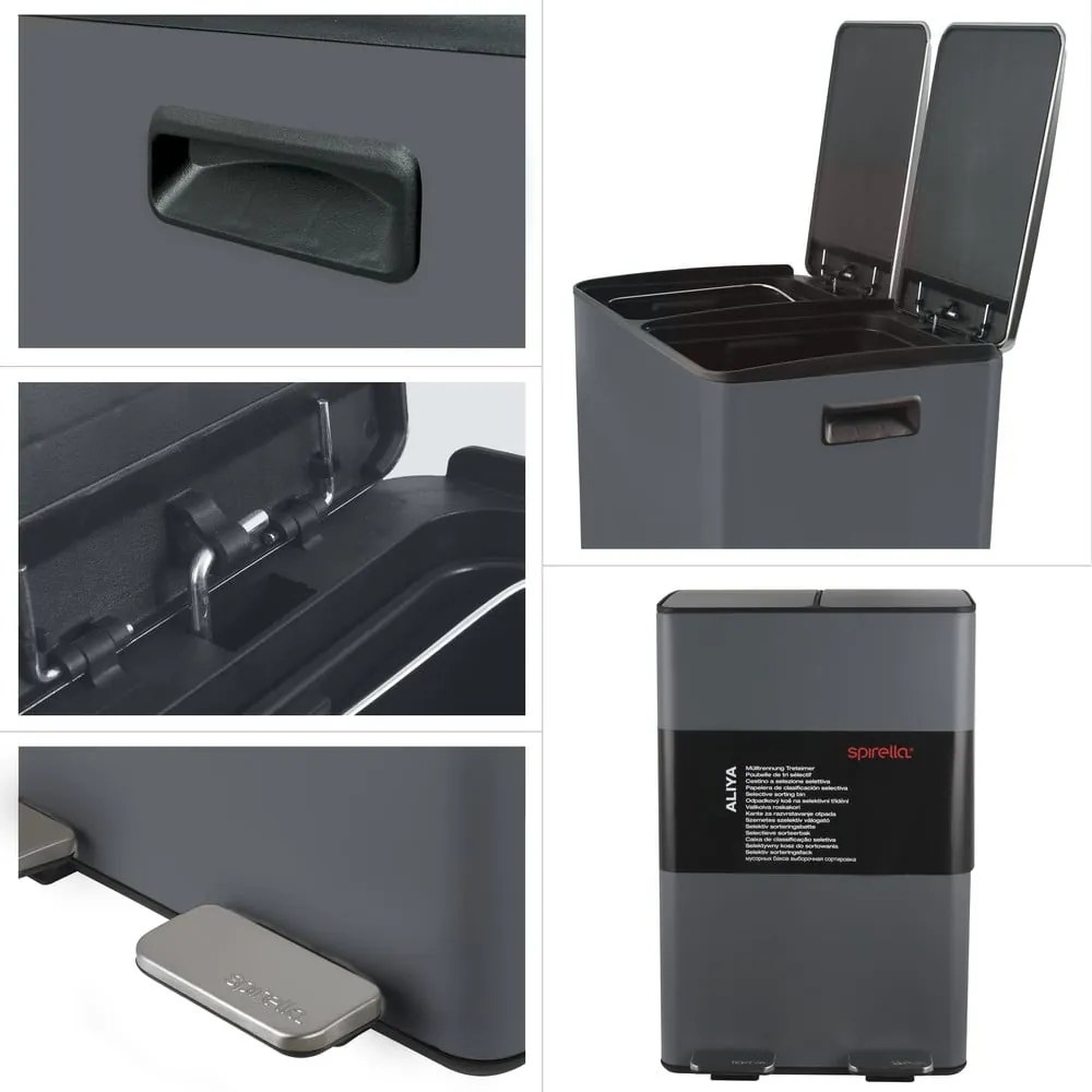 Тъмносиво стоманено кошче за боклук 2x30 l за рециклиране с педал Aliya – Spirella