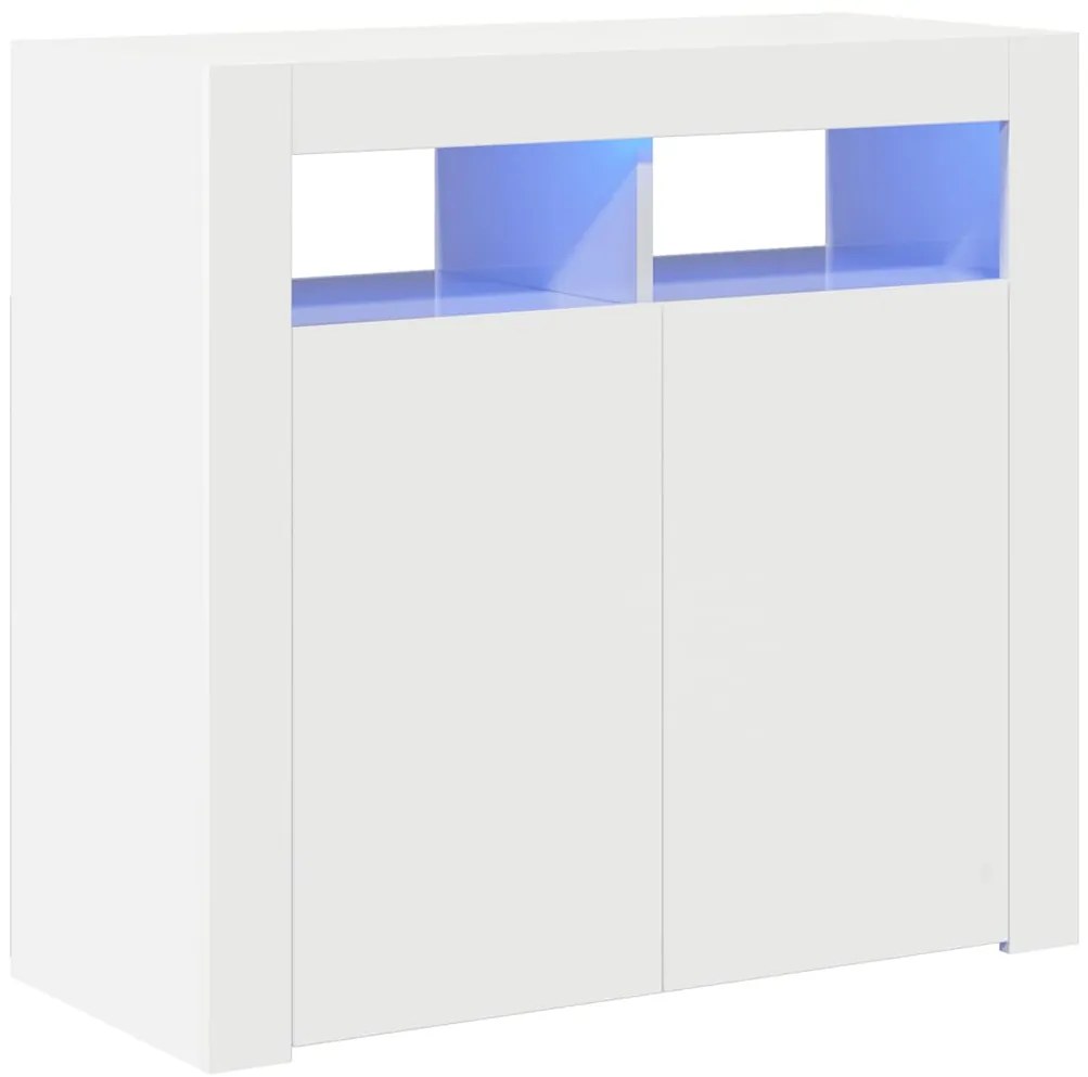 804334 vidaXL Сайдборд с LED светлини, бял гланц, 80x35x75 см