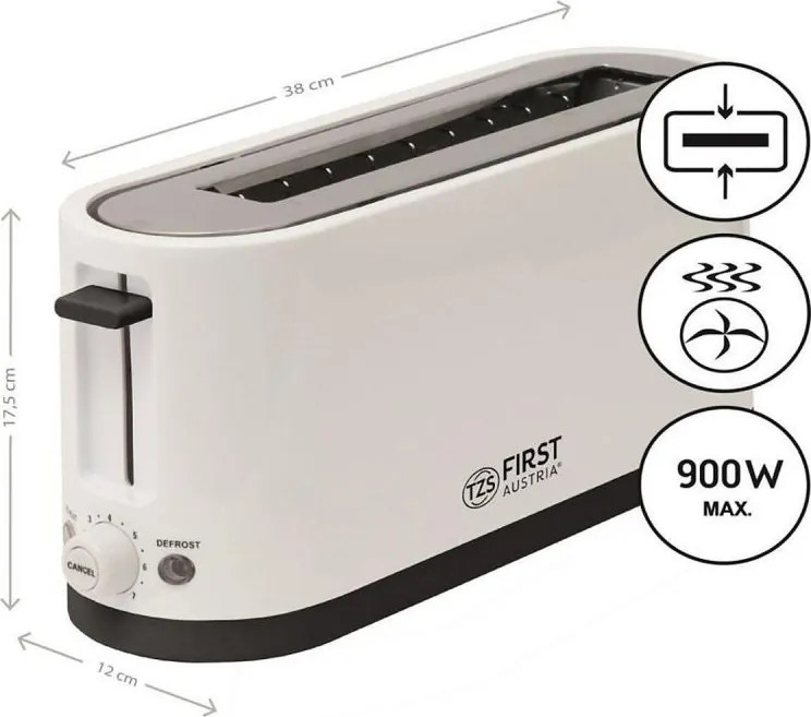 Тостер за хляб First Austria FA-5368-4, 900W, Размразяване, 38 см, Бял