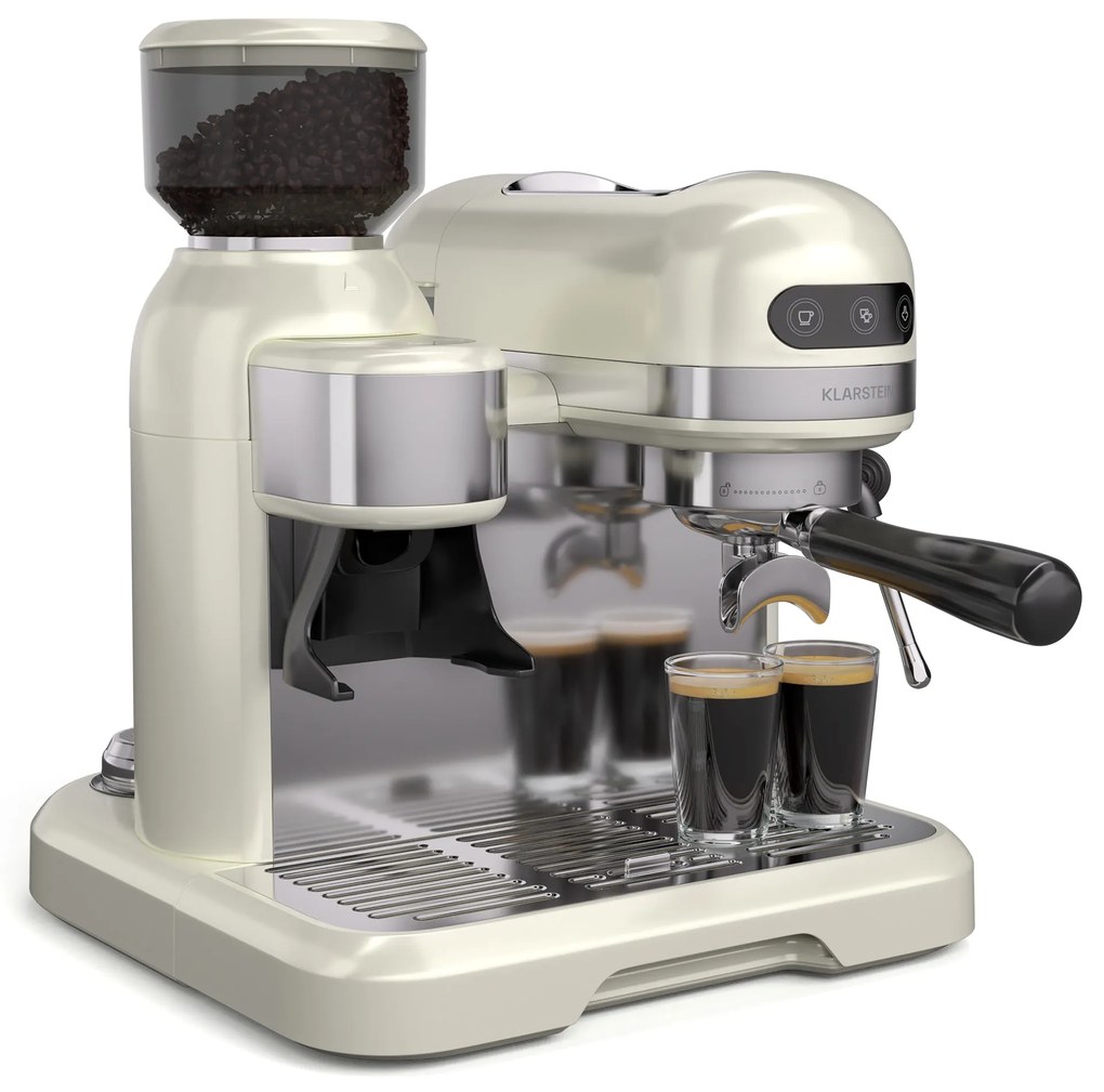 Klarstein Bella Café кафемашина, Витидж, мелачка, 19 bar, Разпенител за мляко, 2 чаши, 1550 W