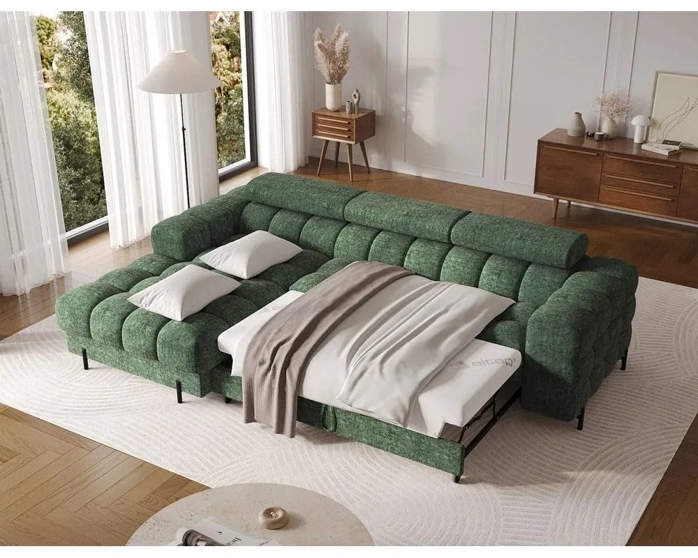 Зелен сгъваем/с място за съхранение ъглов диван от прежда с примки от букле (ляв ъгъл) Felro – ELTAP