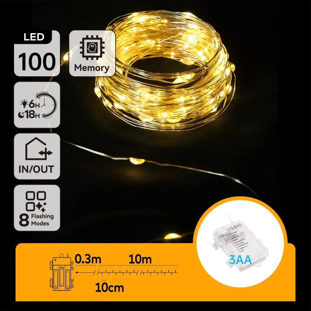 Aigostar -LED Външен  гирлянд 100xLED/8 функции 3xAA 10,3m IP44 топло бяло