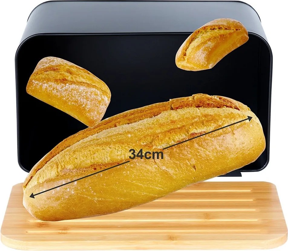 Метална кутия за хляб с бамбуков капак, черен мат, 35x22x20.5см