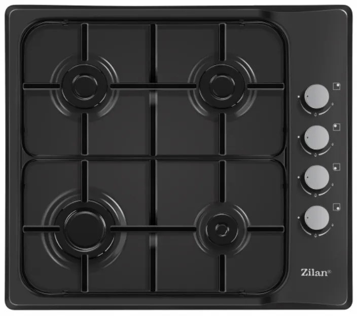 Плот за вграждане Zilan ZLN 0034, 4 газови горелки, 7.35 kW, Пропан-бутан или природен газ, 60х50 см, Чугунени решетки, Защита от изтичане на газ, Черен
