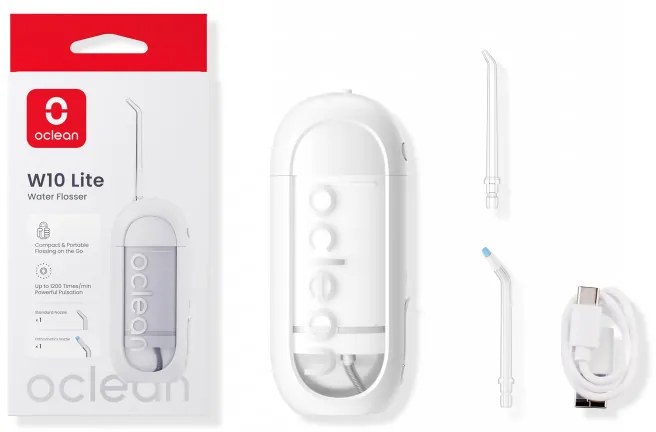 Зъбен душ Oclean W10 Lite, 3 режима, 2 накрайника, 1200 импулса в минута, До 140 PSI, USB-C, Бял