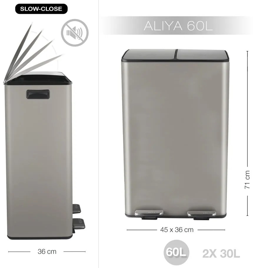 Кафяво-сиво стоманено кошче за боклук 2x30 l за рециклиране с педал Aliya – Spirella