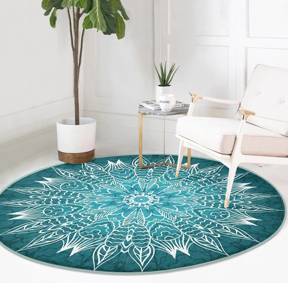 Тюркоазен кръгъл килим подходящ за пране и за прахосмукачки роботи ø 80 cm Comfort – Mila Home