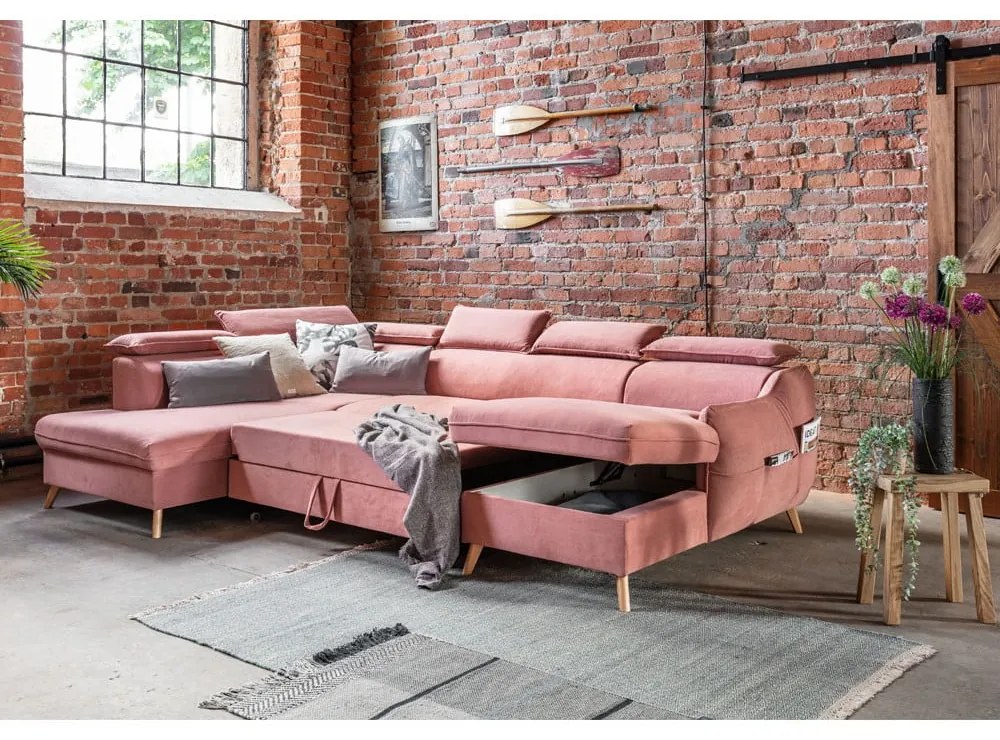Светлорозов кадифен U-образен ъглов разтегателен диван (ляв ъгъл) Sweet Harmony - Miuform