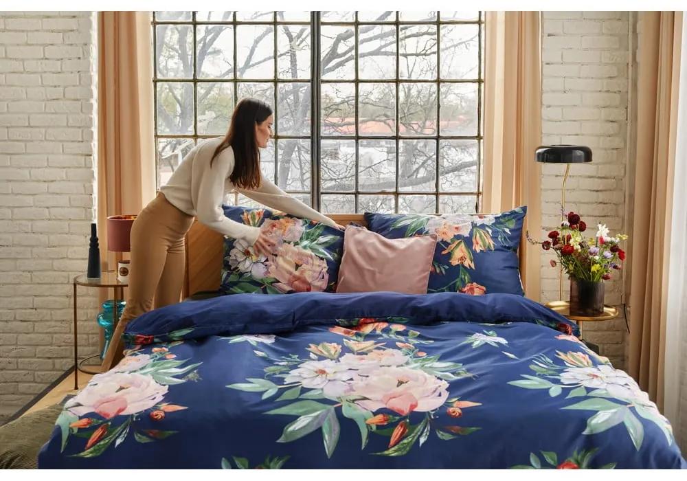 Морско синьо памучно спално бельо от сатен за двойно легло 160 x 200 cm Floret - Bonami Selection