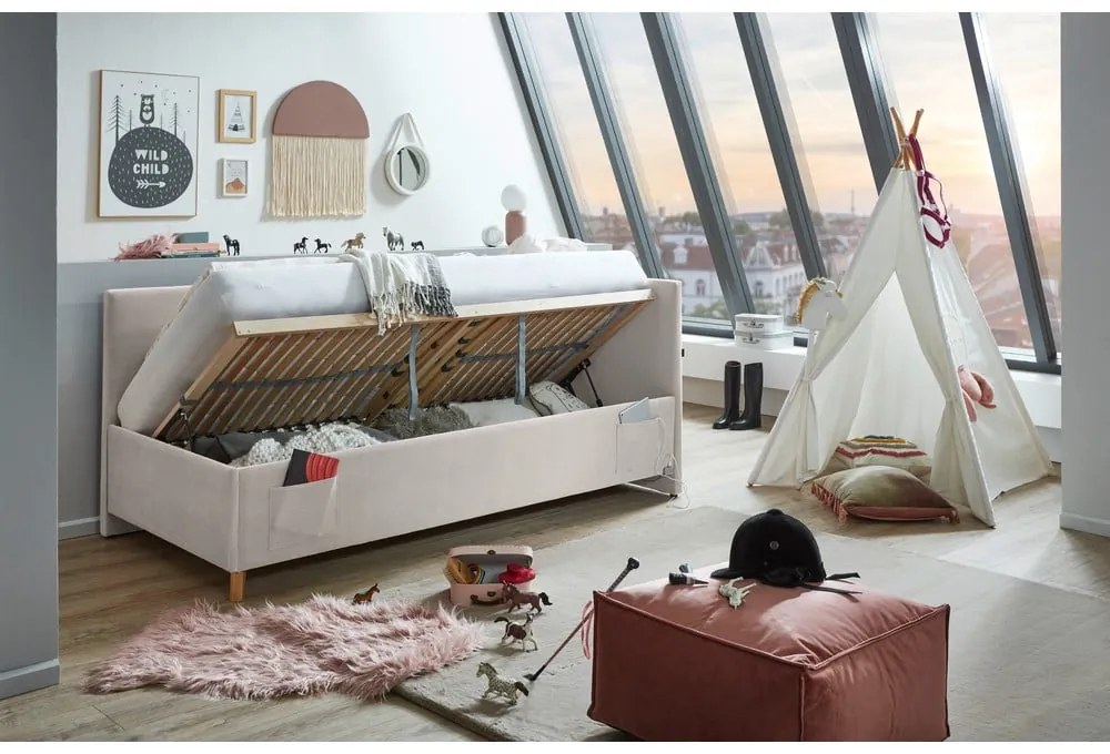 Бежово тапицирано ъглово детско легло 90x200 cm с място за съхранение с включена подматрачна рамка Cool – Meise Möbel