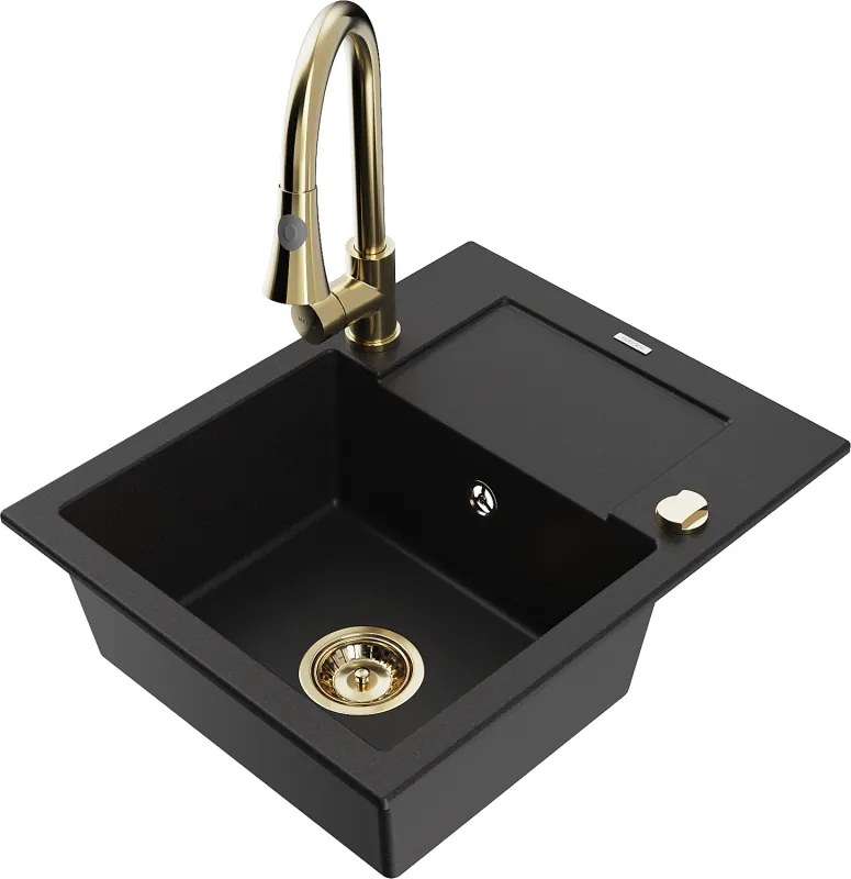 Mexen Enzo гранитна мивка с 1 отделение и отцедник, с кухненски смесител Elia, черен - 6506-77-670101-50