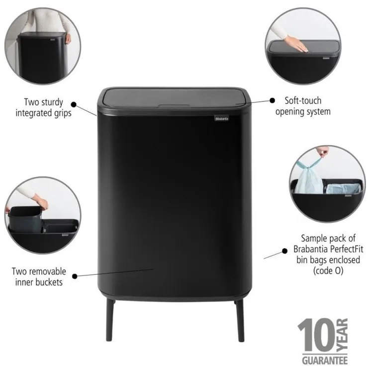 Кош за боклук Brabantia Bo Touch Hi 1001264, 2x30 л, Плътно прилепване към стена, Реглаж на краката, Черен/мат