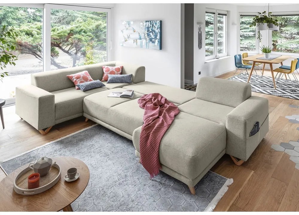 Бежов разтегателен/с място за съхранение ъглов диван (ляв ъгъл/U форма) Classy Sophie – Miuform