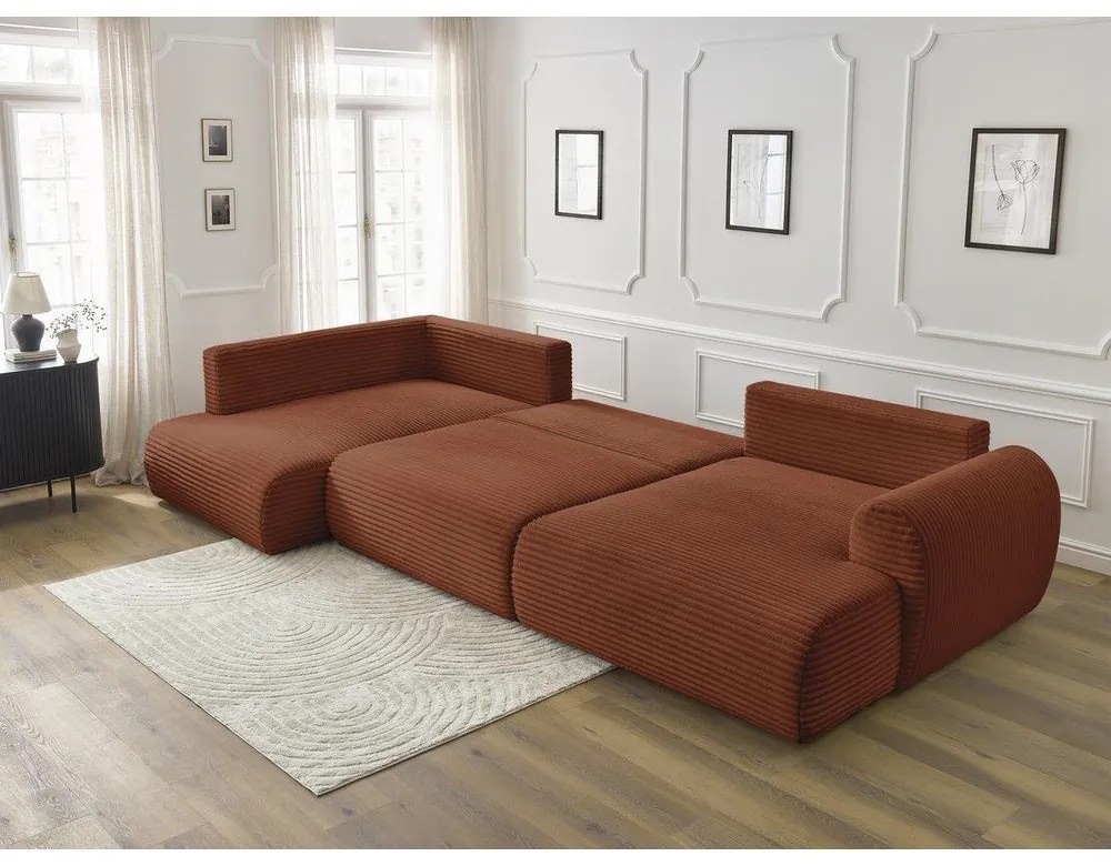 Сгъваем/с място за съхранение ъглов диван от рипсено кадифе в тухлен цвят (ляв ъгъл/U форма) Lucien – Bobochic Paris