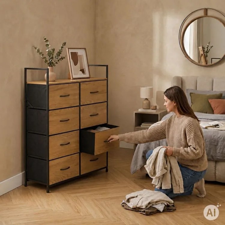 Комод с 8 текстилни чекмеджета и метална конструкция 107 x 80 x 24 см