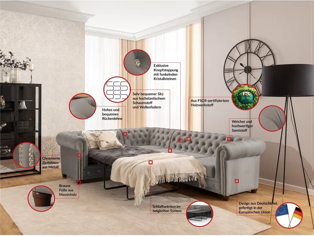 Сив кадифен разтегателен ъглов диван (ляв ъгъл L форма) York Blik – Ropez