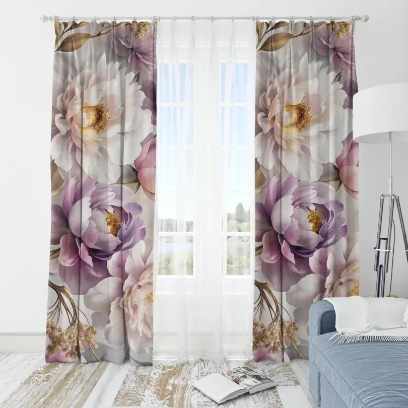 Декоративна завеса с красив модел на божур Ширина: 160 см | Дължина: 250 см