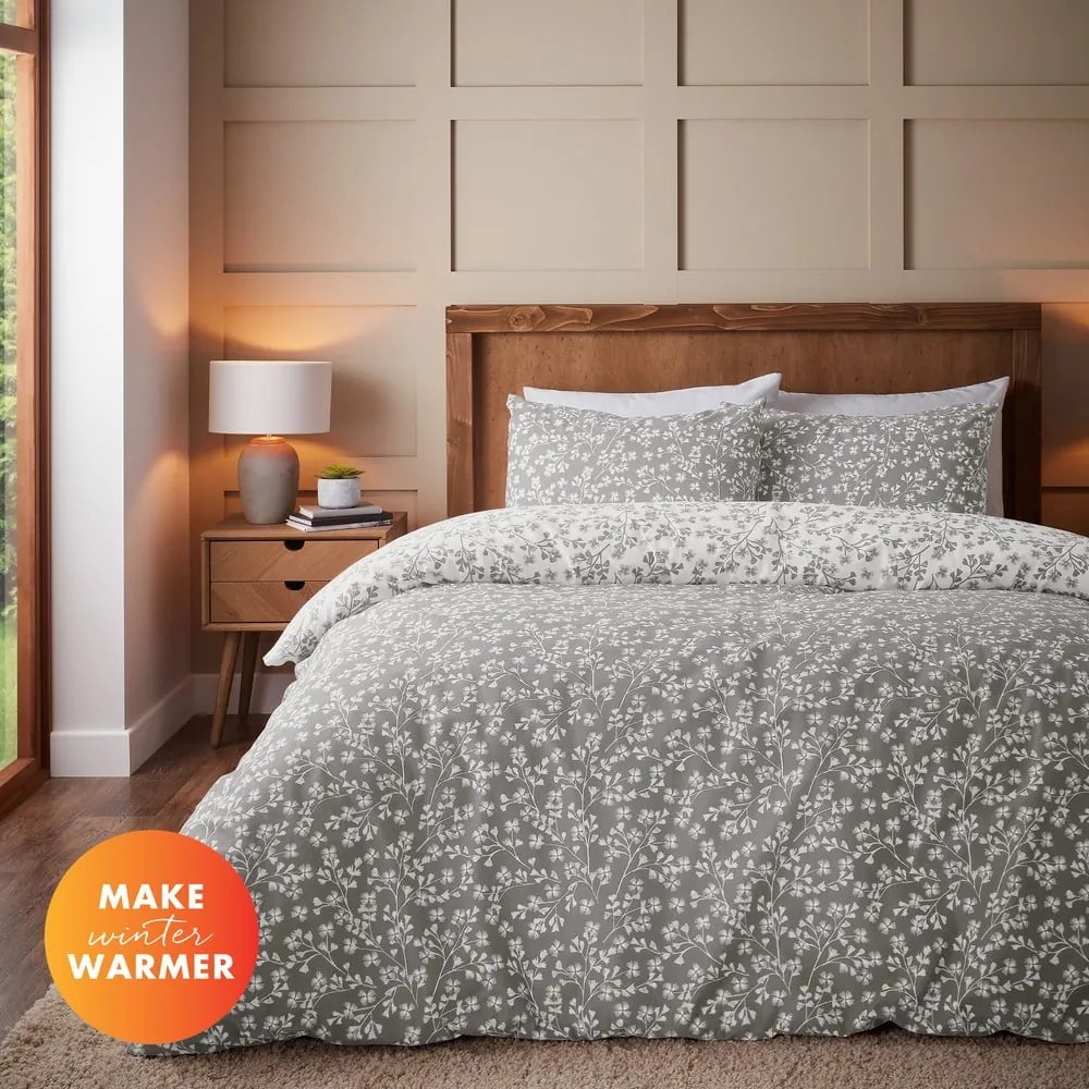 Сиво двойно удължено фланелено спално бельо 230x220 cm Grace Floral Leaf – Catherine Lansfield