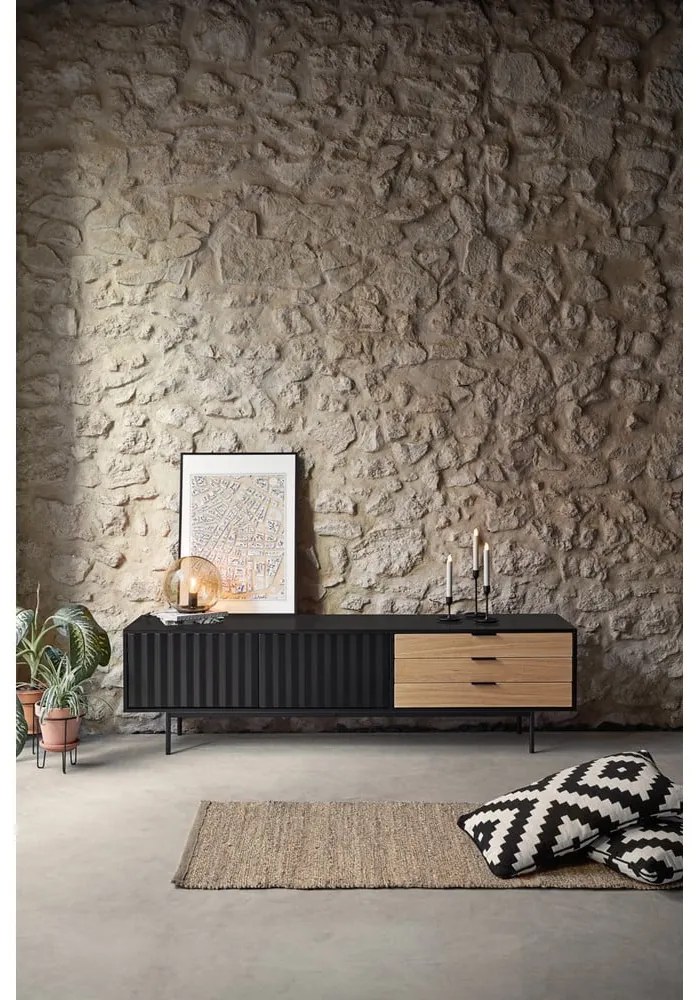 Черна/естествена маса за телевизор от декор от дъб 180x52 cm Sierra – Teulat