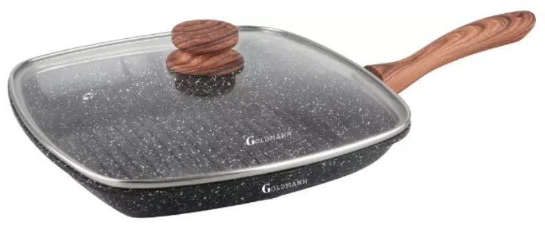 Грил тиган с капак Goldmann GM-0924L, 24x4.5 см, Мраморно покритие, Индукция, Черен/кафяв