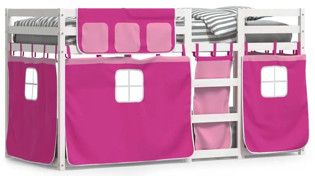 3283897 vidaXL Двуетажно легло със завеси розово 90x200 см масивен бор масив