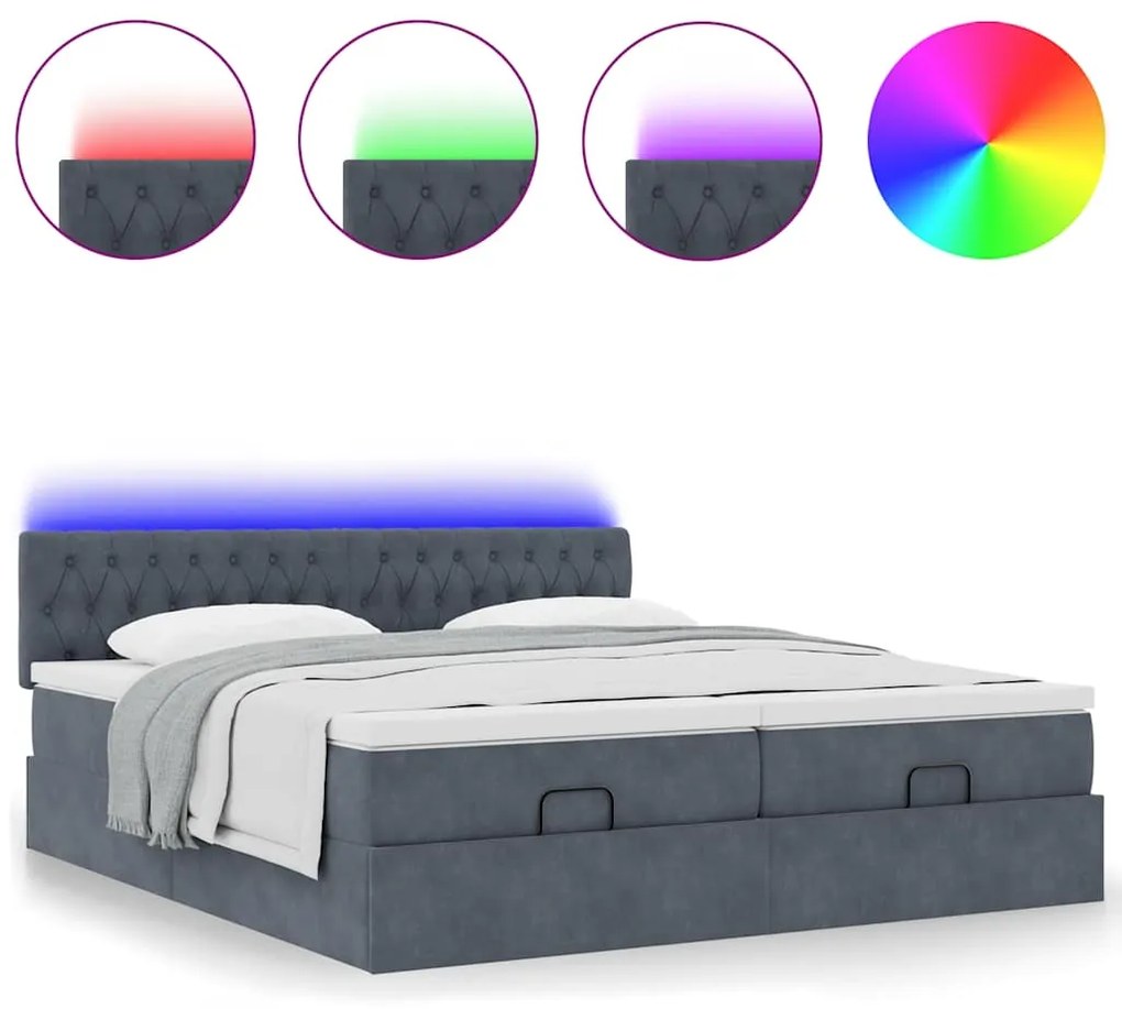 3312936 vidaXL Османска легло с матраци и LED, тъмносиво, 160x200 см, кадифе