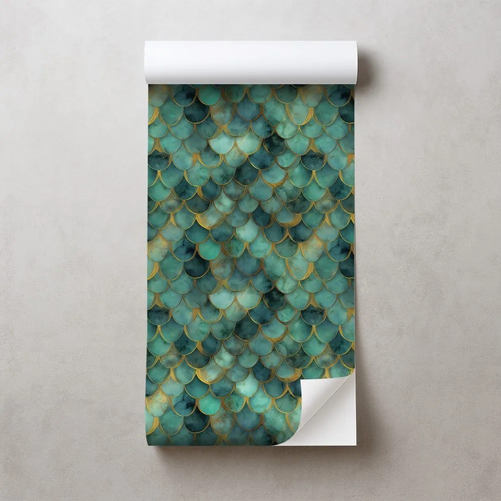 Самозалепващ тапет – Зелени морски люспи със златен оттенък