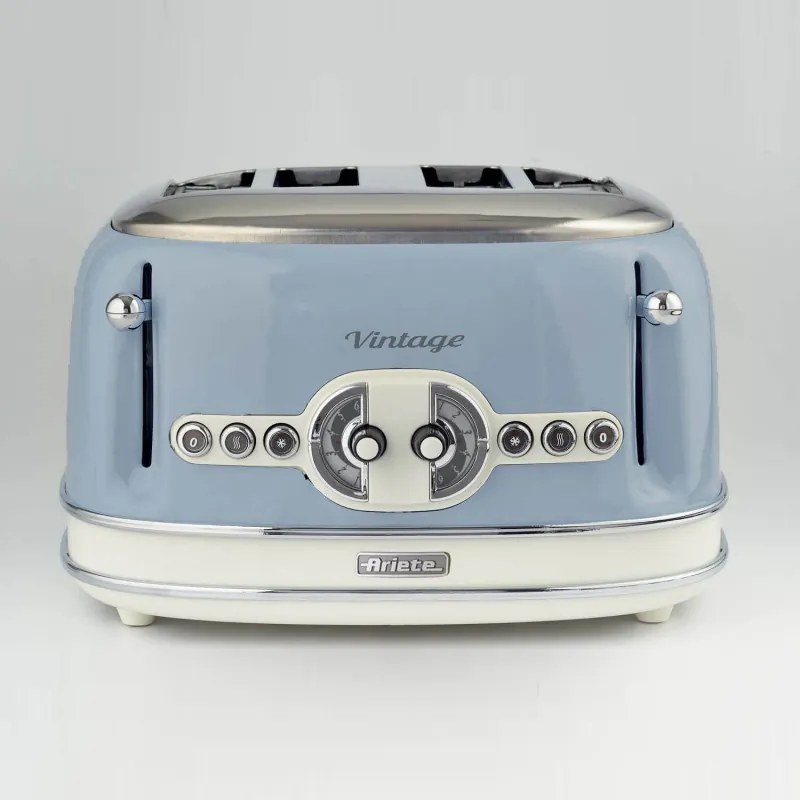 Тостер за хляб Ariete VINTAGE 0156/05, 1600W, 4 филии, 3 функции, 6 степени, Подвижна тава за трохи, Син