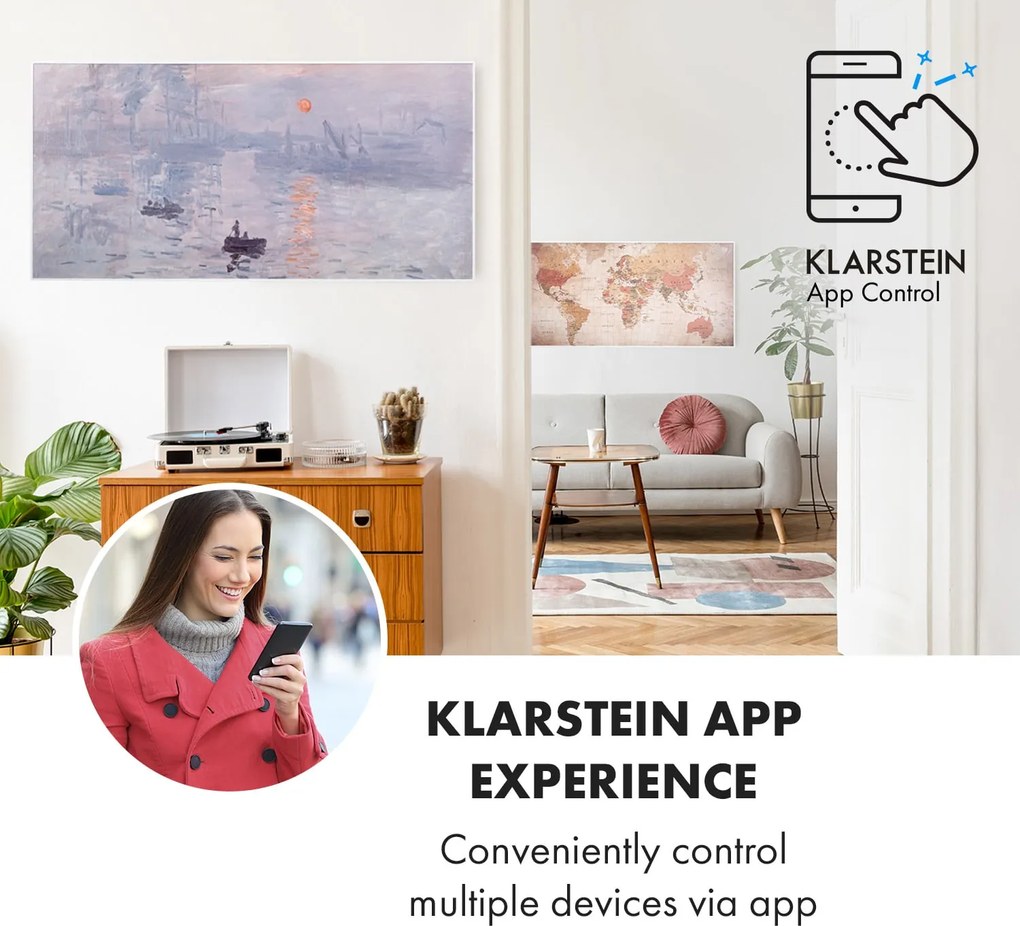 Klarstein Wonderwall Air Art Smart, инфрачервен нагревател, 120 х 60 см, 700 W, приложение, изгрев