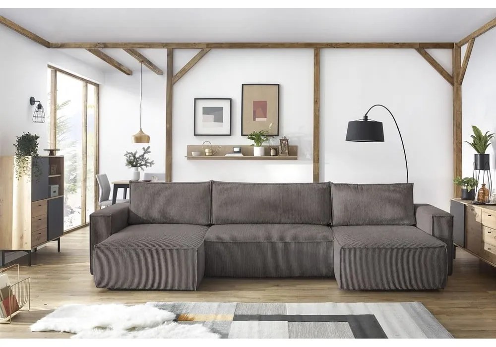 Тъмносив велурен U-образен разтегателен диван Nihad - Bobochic Paris