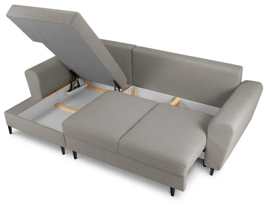 Светлосив разтегателен ъглов диван с място за съхранение от прежда с примки от букле (ляв ъгъл) Kyoto – Cosmopolitan Design