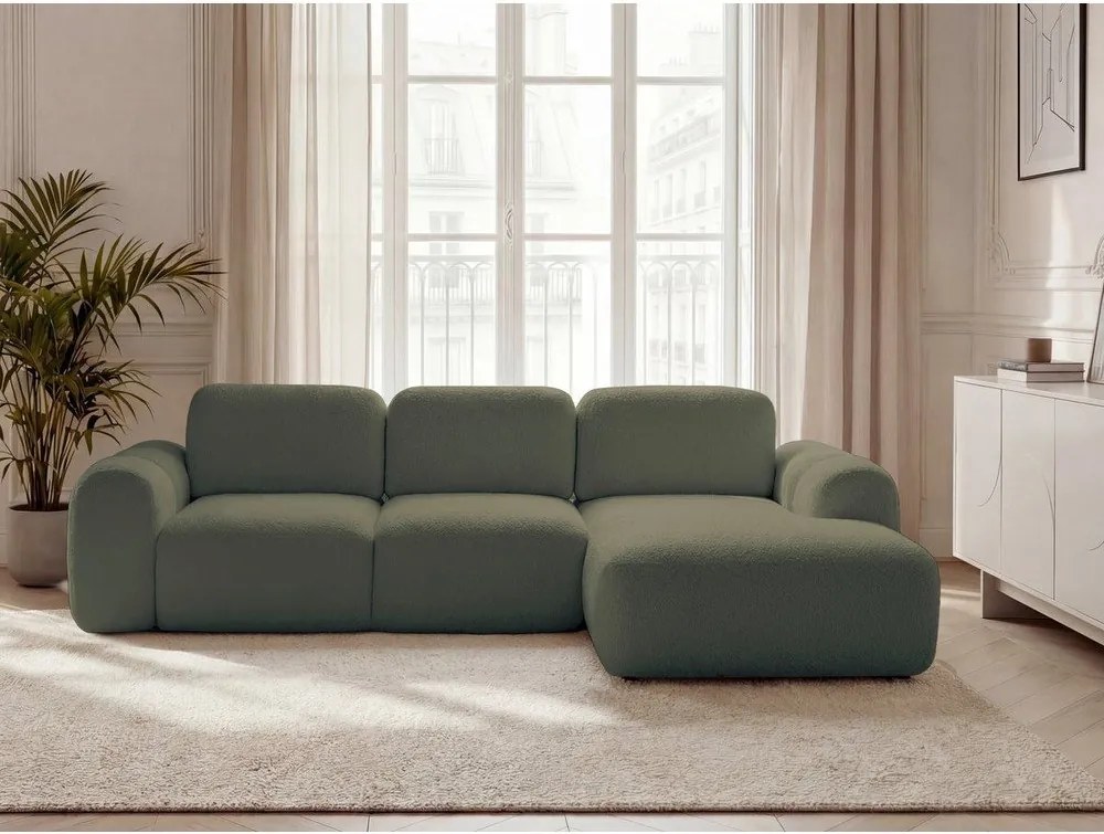 Зелен сгъваем/с място за съхранение ъглов диван от прежда с примки от букле (десен ъгъл) Montaigne – Bobochic Paris