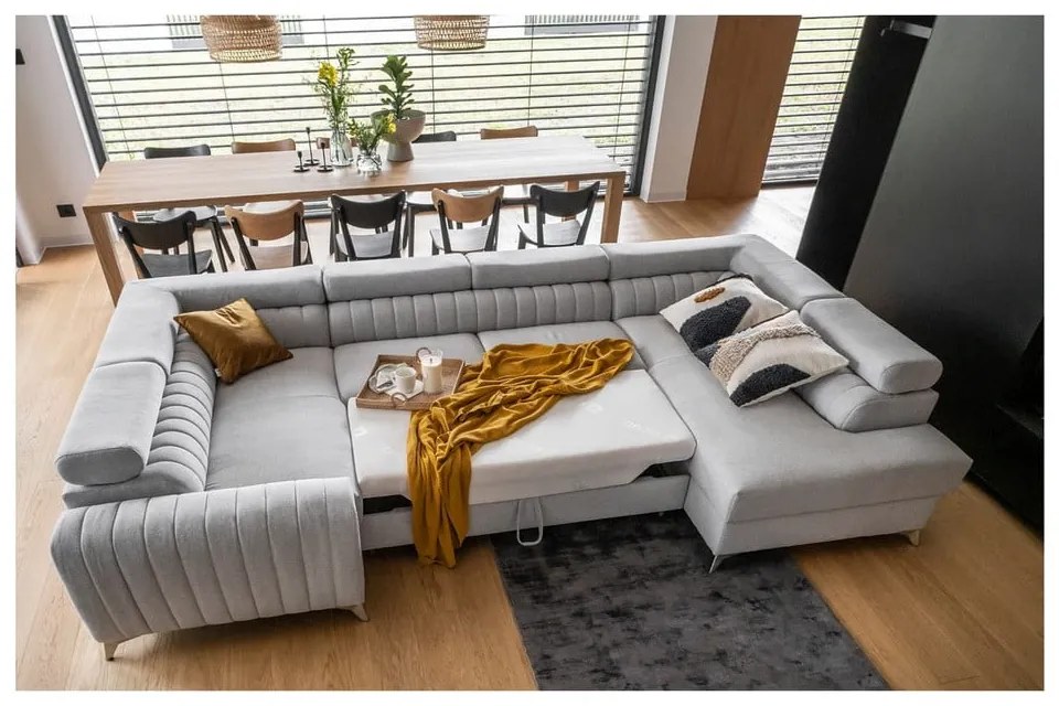 Светлосив сгъваем/с място за съхранение ъглов диван (десен ъгъл/U форма) Louis – ELTAP