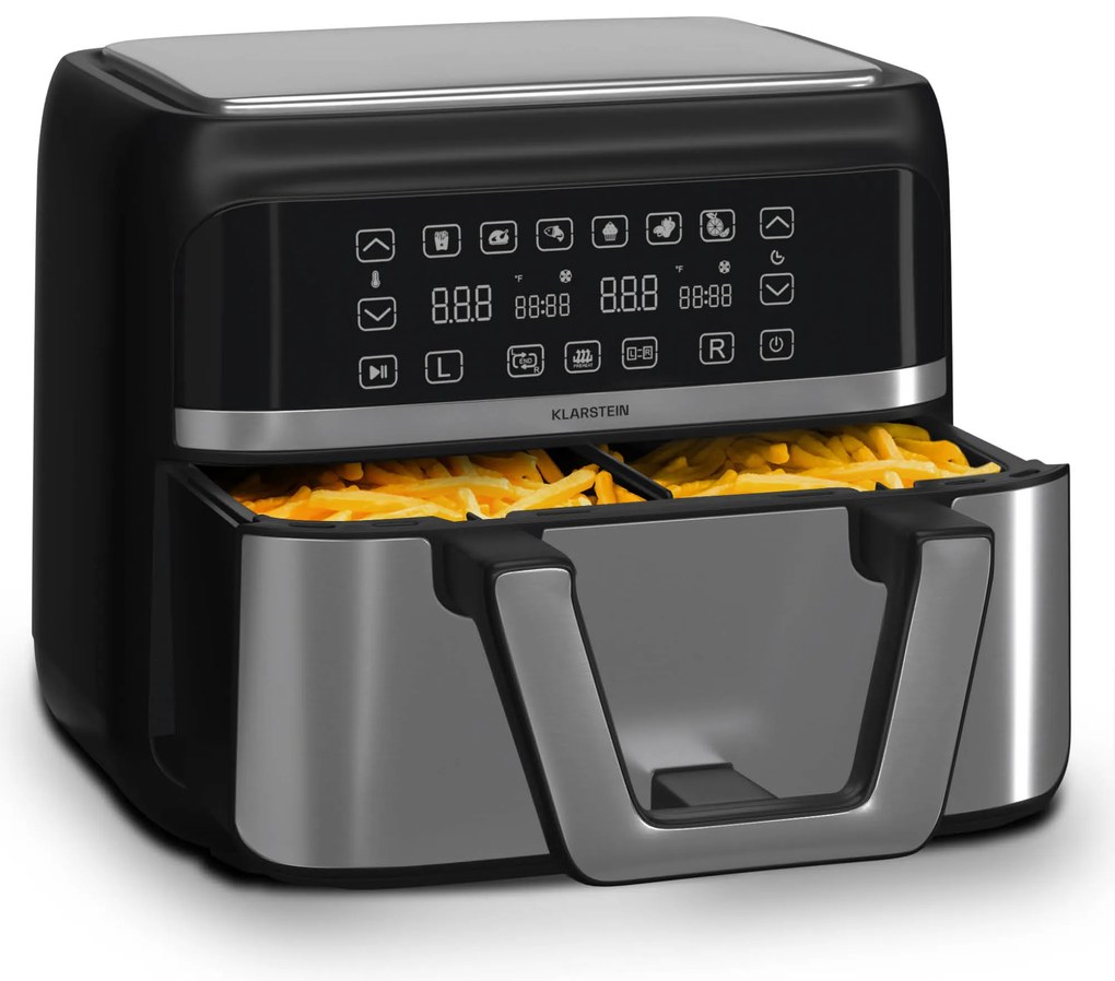 Klarstein VitaFry Duo Elegance, фритюрник с горещ въздух, 9 литра, 2 зони за готвене, 6 програми
