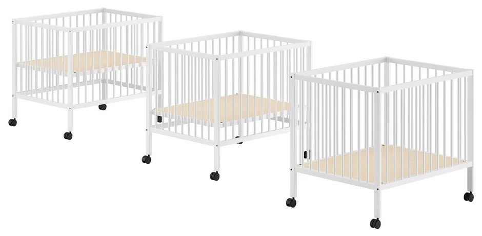 Бяла кошара за игра от масивен бук с регулируема височина/на колелца 95x75 cm Dino – Vipack