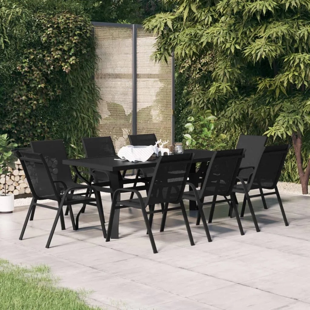 3095974 vidaXL Градински трапезен комплект, 9 части, черен