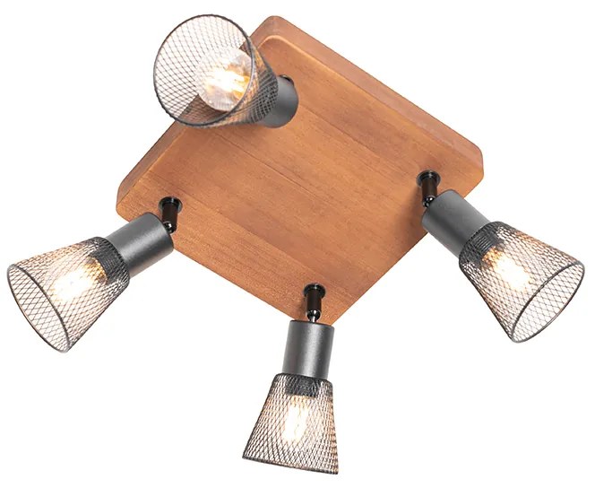 Индустриален прожектор черен с дърво 4-светлина - Kristina