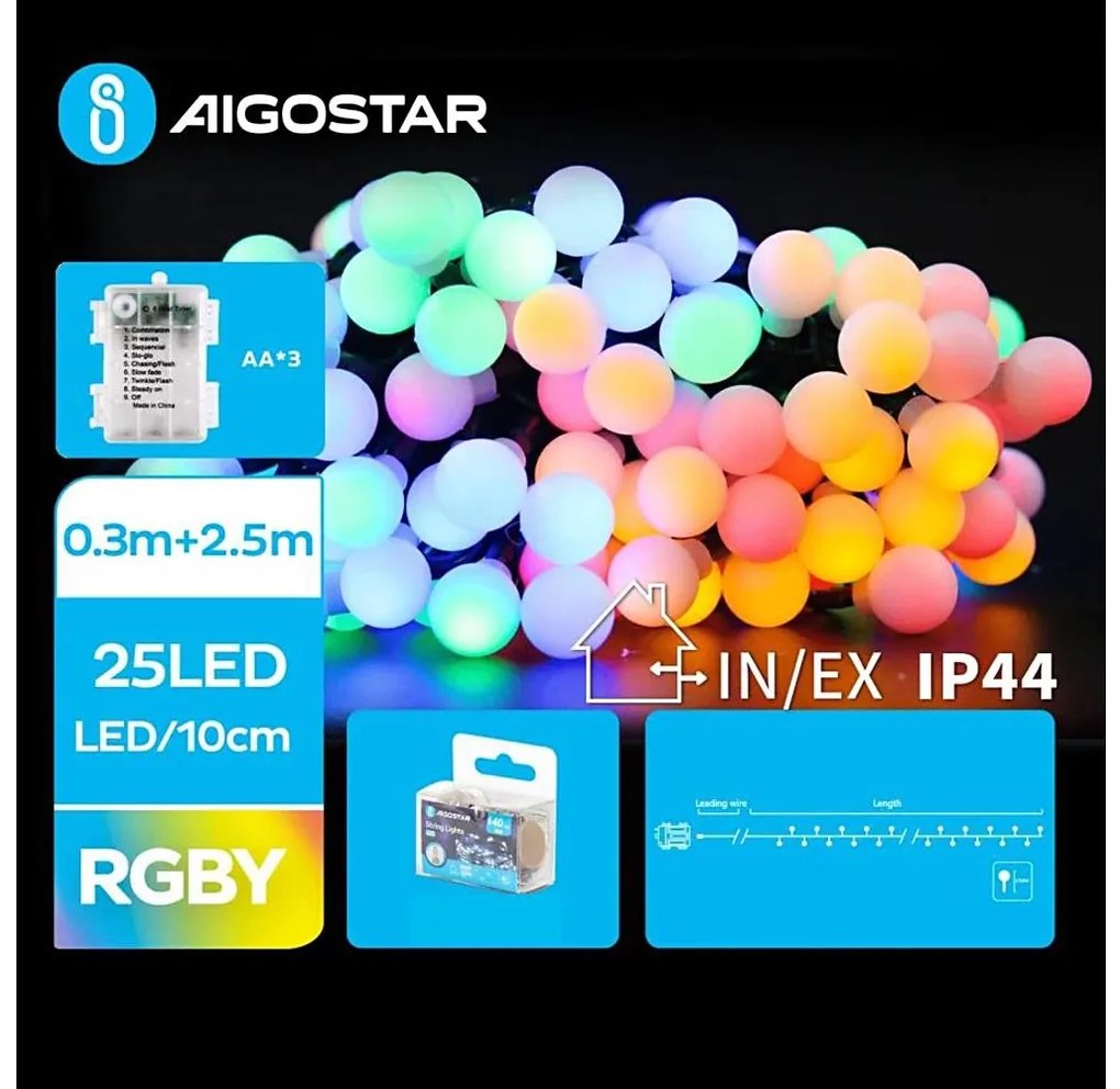 Aigostar - LED RGBY Екстериорен коледни лампички 25xLED/3xAA/8 функции 2,8 м IP44