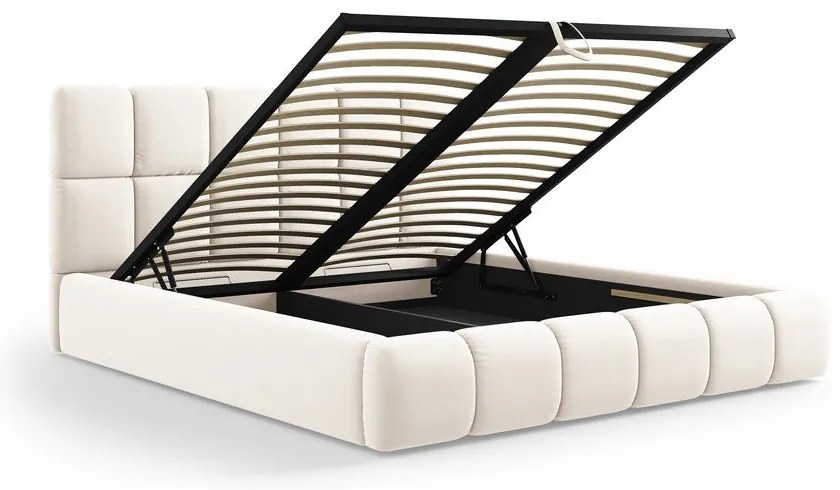 Кремаво тапицирано кадифено двойно легло с място за съхранение с включена подматрачна рамка 160x200 cm Bellis – Micadoni
