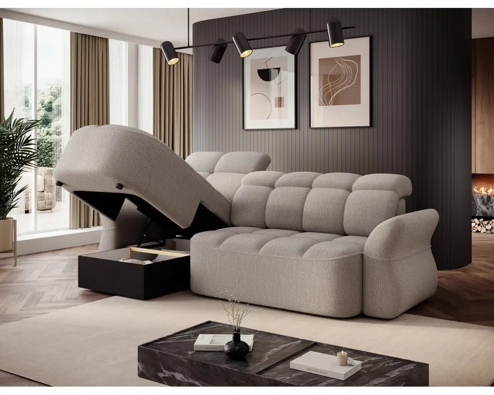 Бежов сгъваем/с място за съхранение ъглов диван от прежда с примки от букле (ляв ъгъл) Beneth – ELTAP