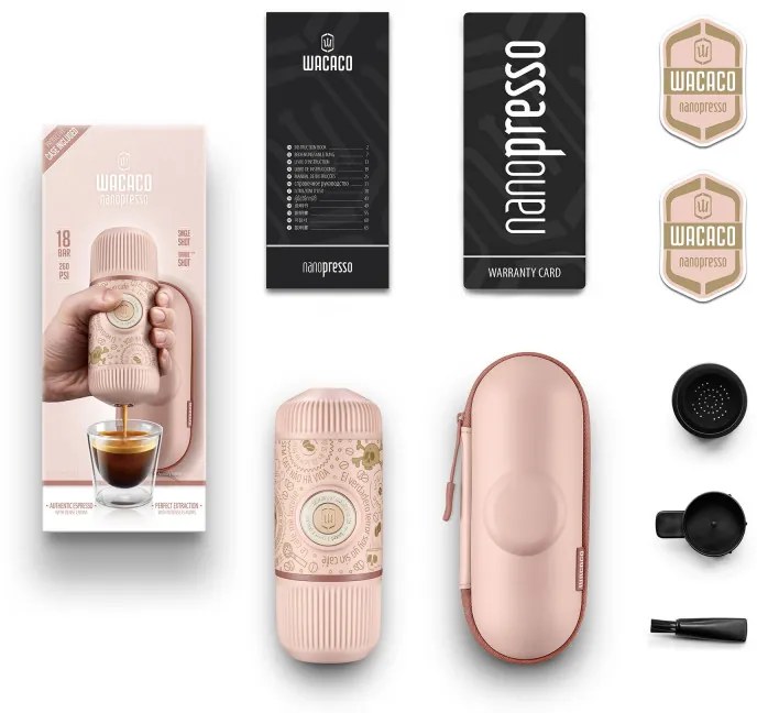 Преносима еспресо машина Wacaco Nanopresso Dark Soul Pink, 18bar, 80 мл, За мляно кафе, Без необходимост от зареждане и батерии, Калъфче, Розов