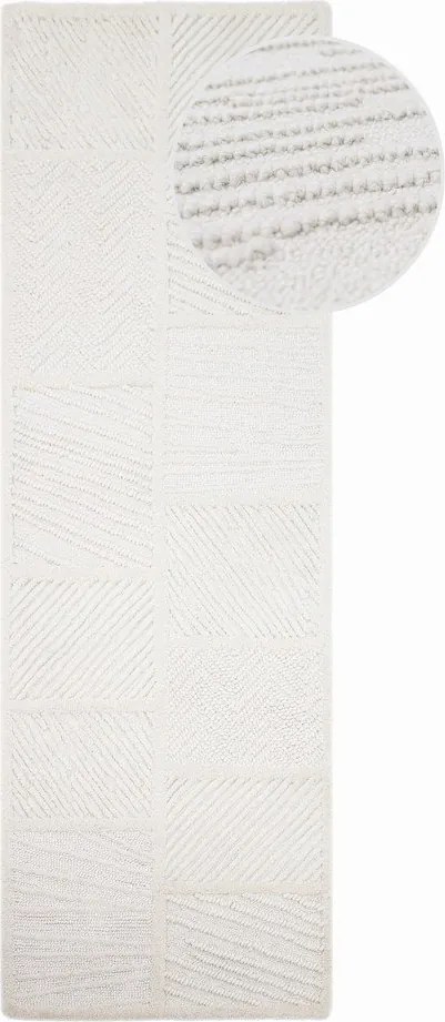 Бяла ръчно изработена пътека със смес от вълна 80x230 cm Sculptured Blocks – Flair Rugs