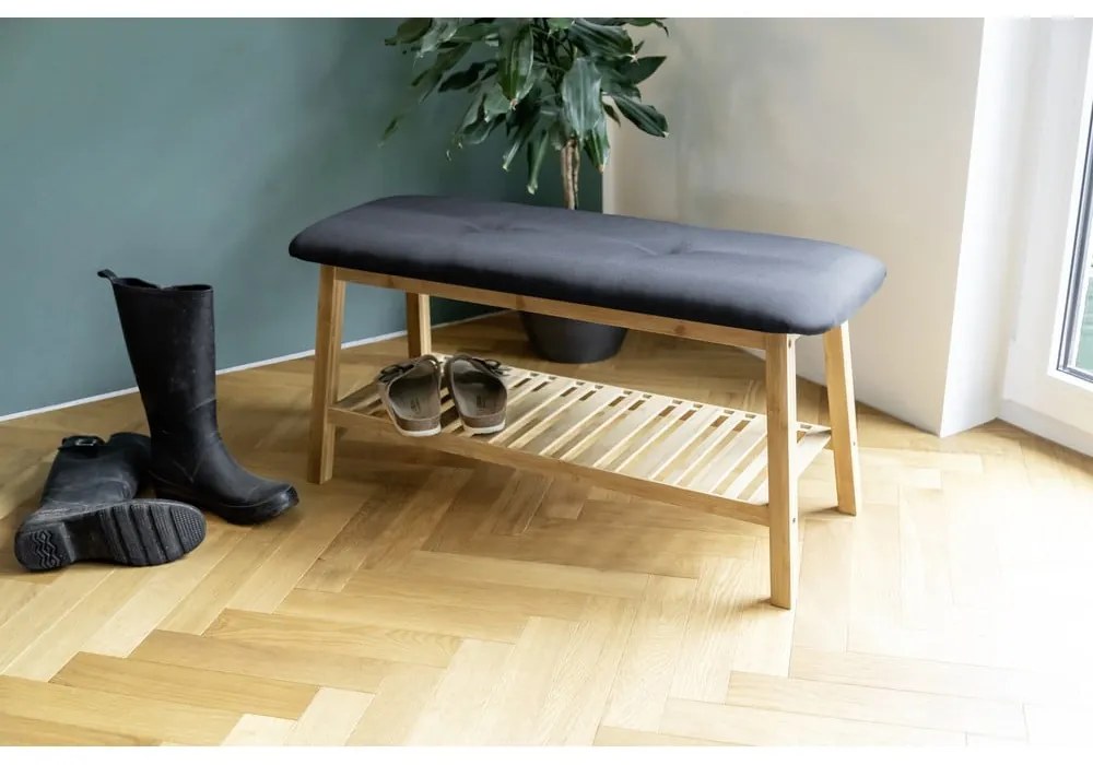 Черен/естествен бамбуков стелаж за обувки с пейка Ecori - Wenko