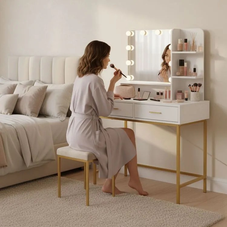 Голяма козметична тоалетка с LED огледало и странични рафтове